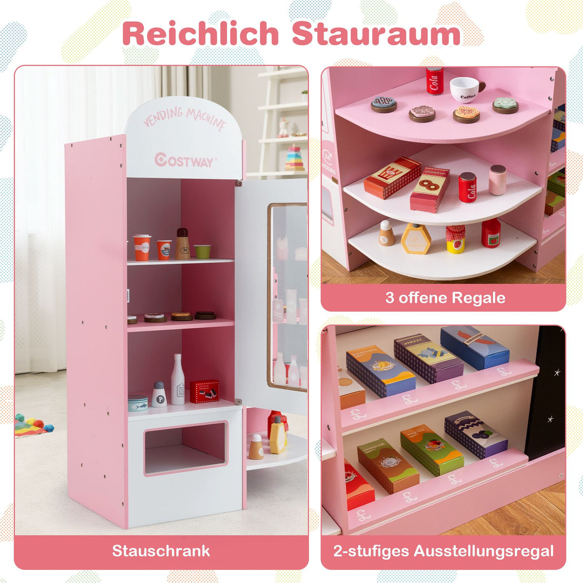 Wooden Supermarket Playset, Cash Register, Vending Machine, Pink