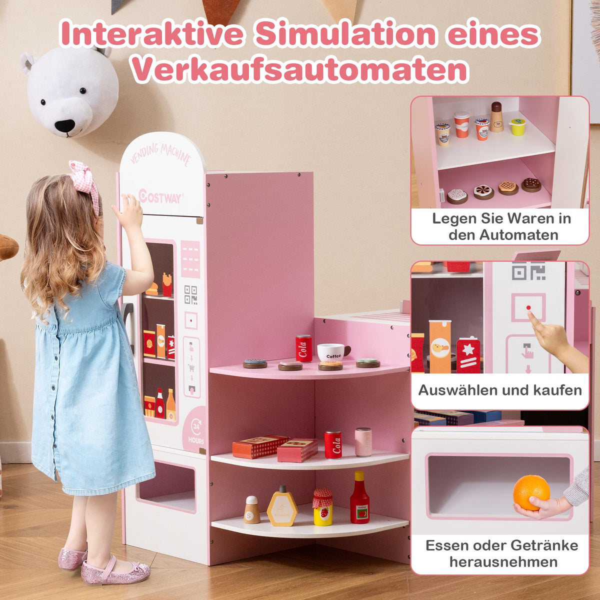 Wooden Supermarket Playset, Cash Register, Vending Machine, Pink