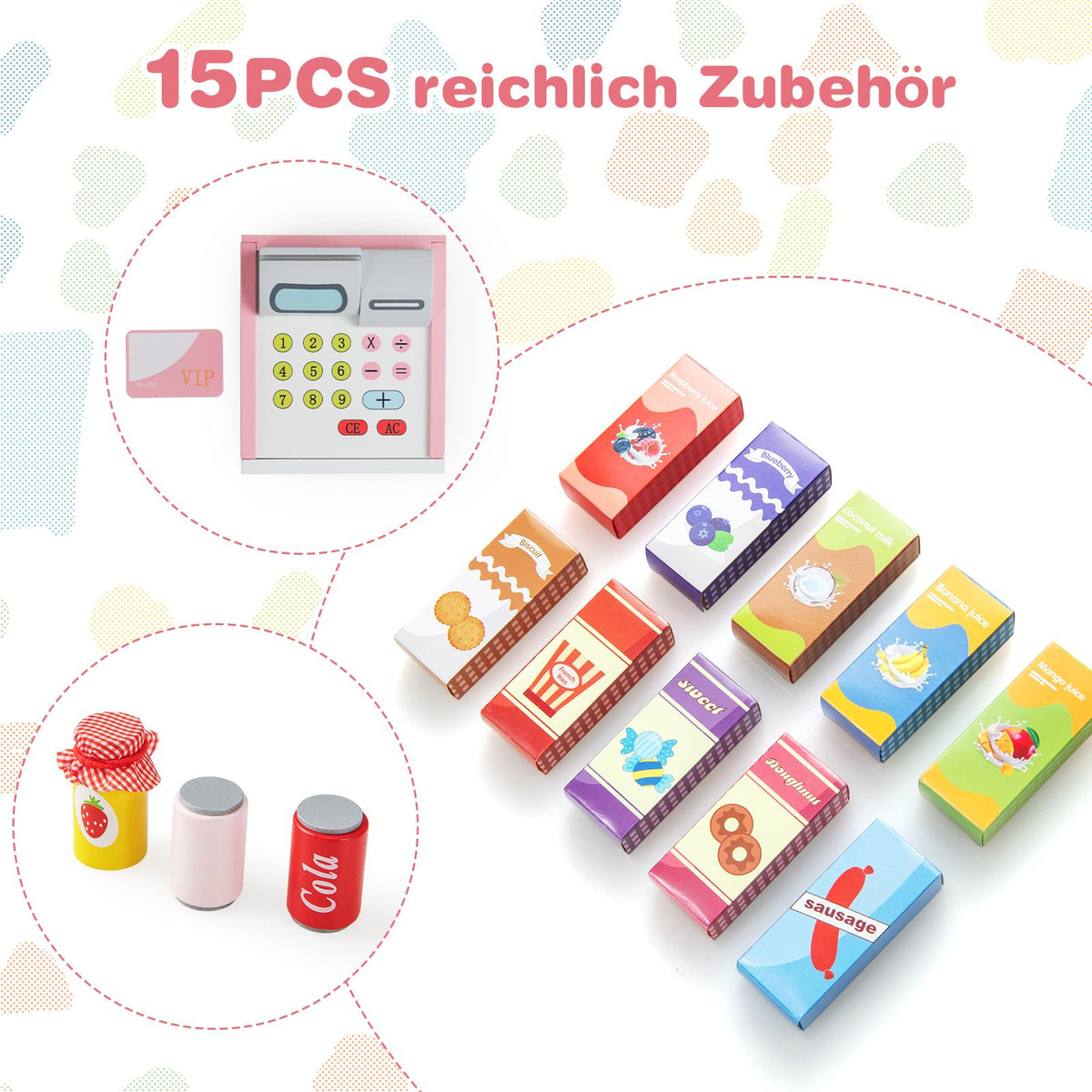 Wooden Supermarket Playset, Cash Register, Vending Machine, Pink