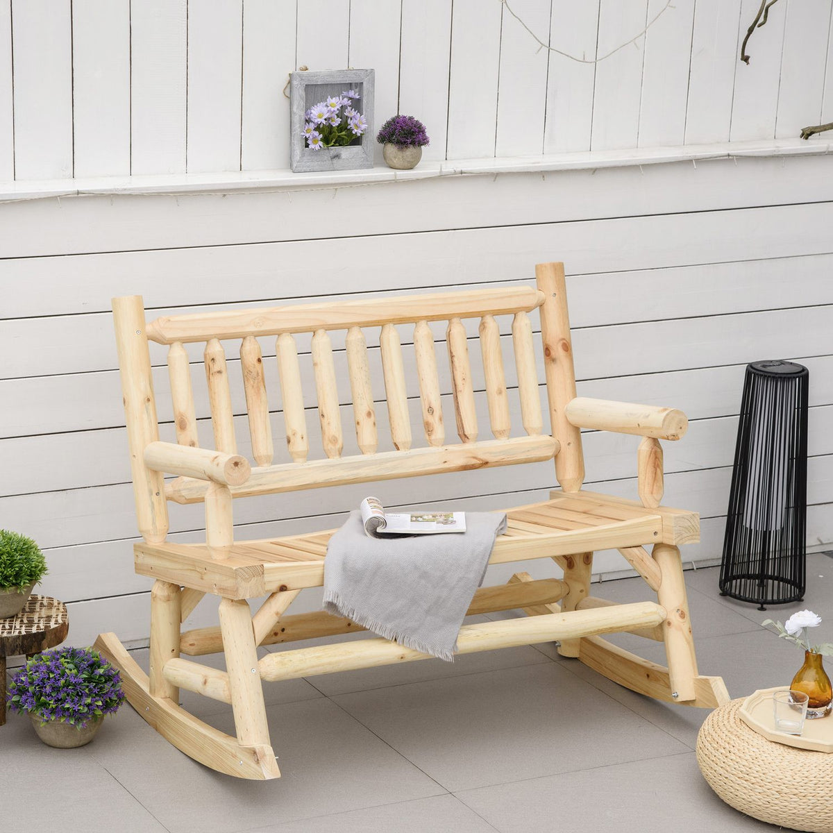 Wooden Swing Bench, Garden Bench With Armrests, Swing Bench, 2 Seater Wooden Bench For Garden, Balcony, Load Capacity Up To 250 Kg, Natural