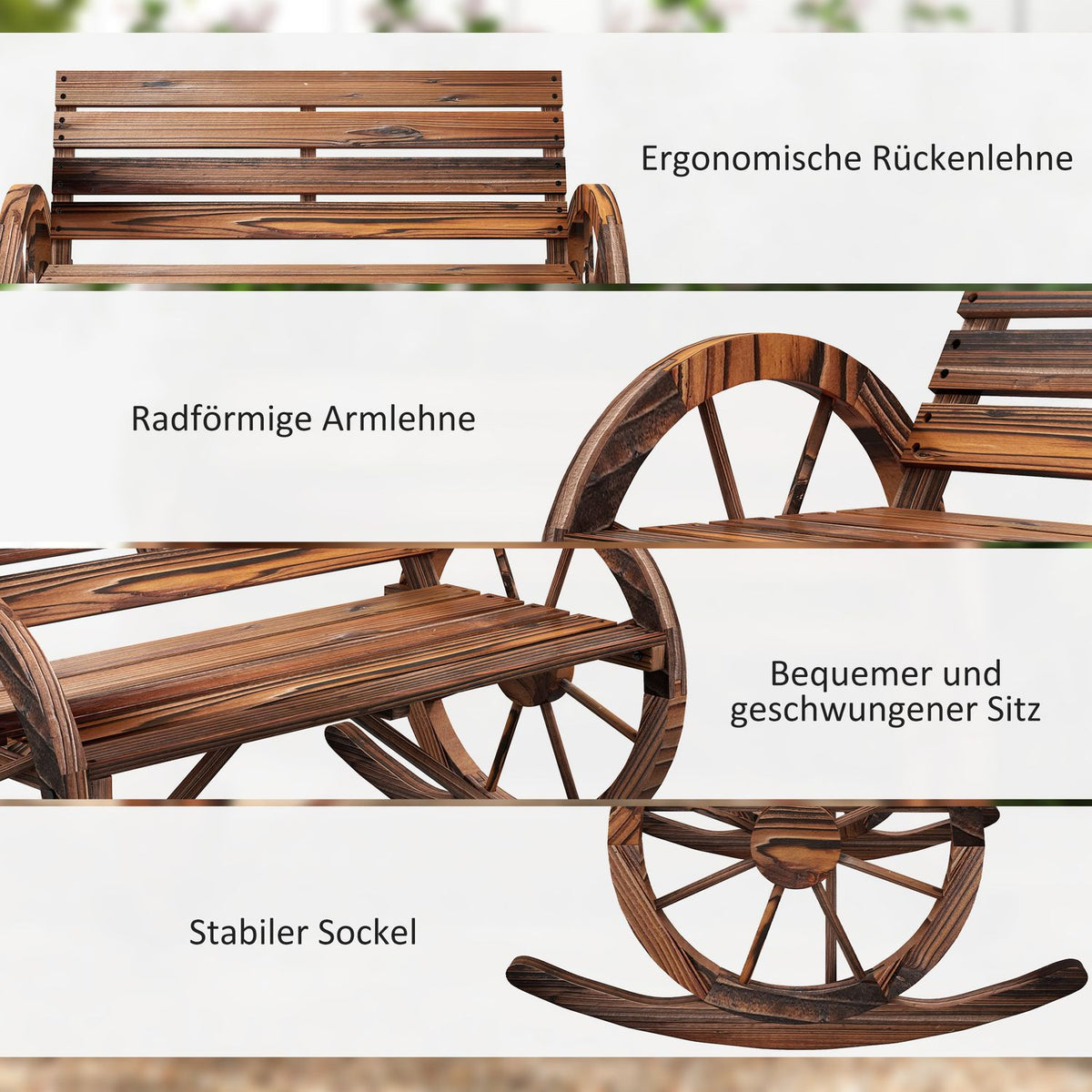 Wooden Swing Bench, Swing Bench With Armrests, 2 Seater Garden Bench, Wooden Bench For Garden, Balcony, Load Capacity Up To 240 Kg, Charred