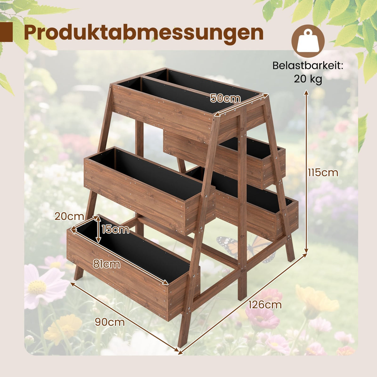 Wooden Tiered Raised Garden Bed with 6 Planters, 126x90x115 cm