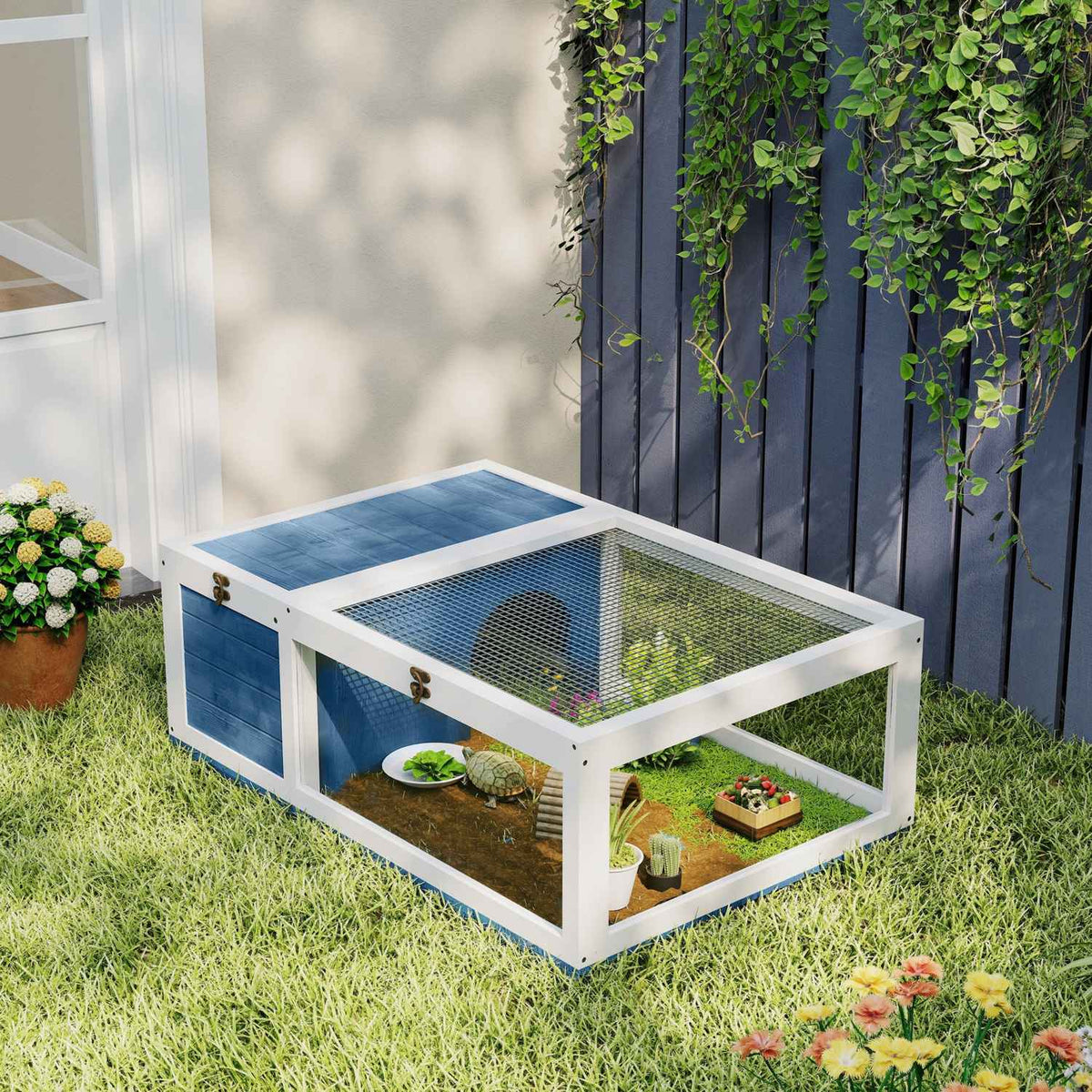 Wooden Tortoise House with Hinged Roof, 91x60.5x32 cm, Blue