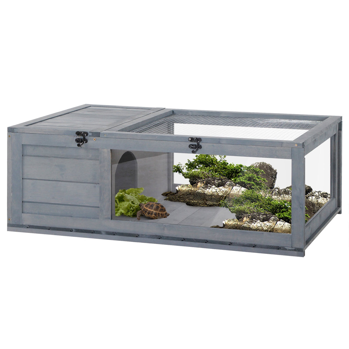 Wooden Tortoise House with Hinged Roof, 91x60.5x32 cm, Grey