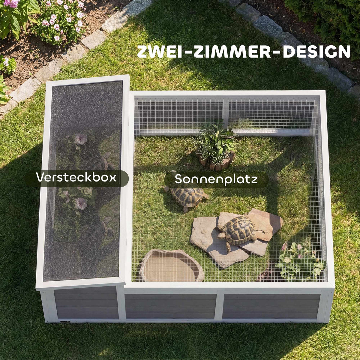 Wooden Tortoise House with Run, 113x106.5x44.5 cm, Grey