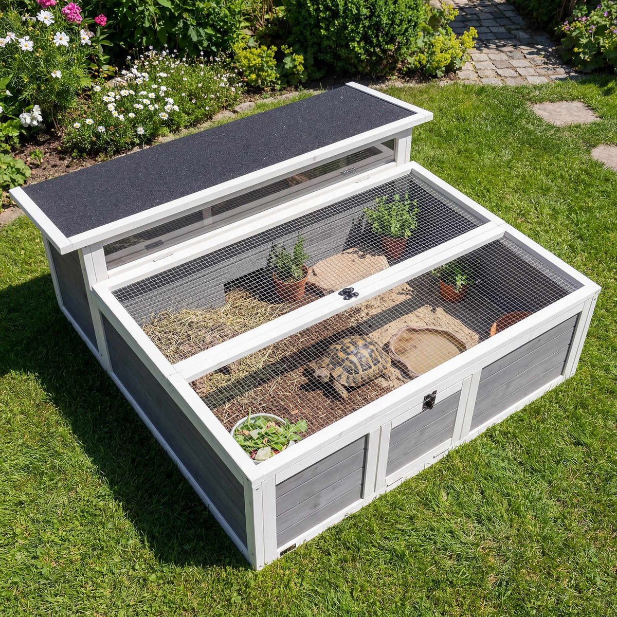 Wooden Tortoise House with Run, 113x106.5x44.5 cm, Grey