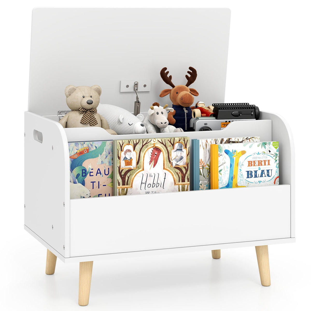 Wooden Toy Box with Front Bookshelf & Lid – White