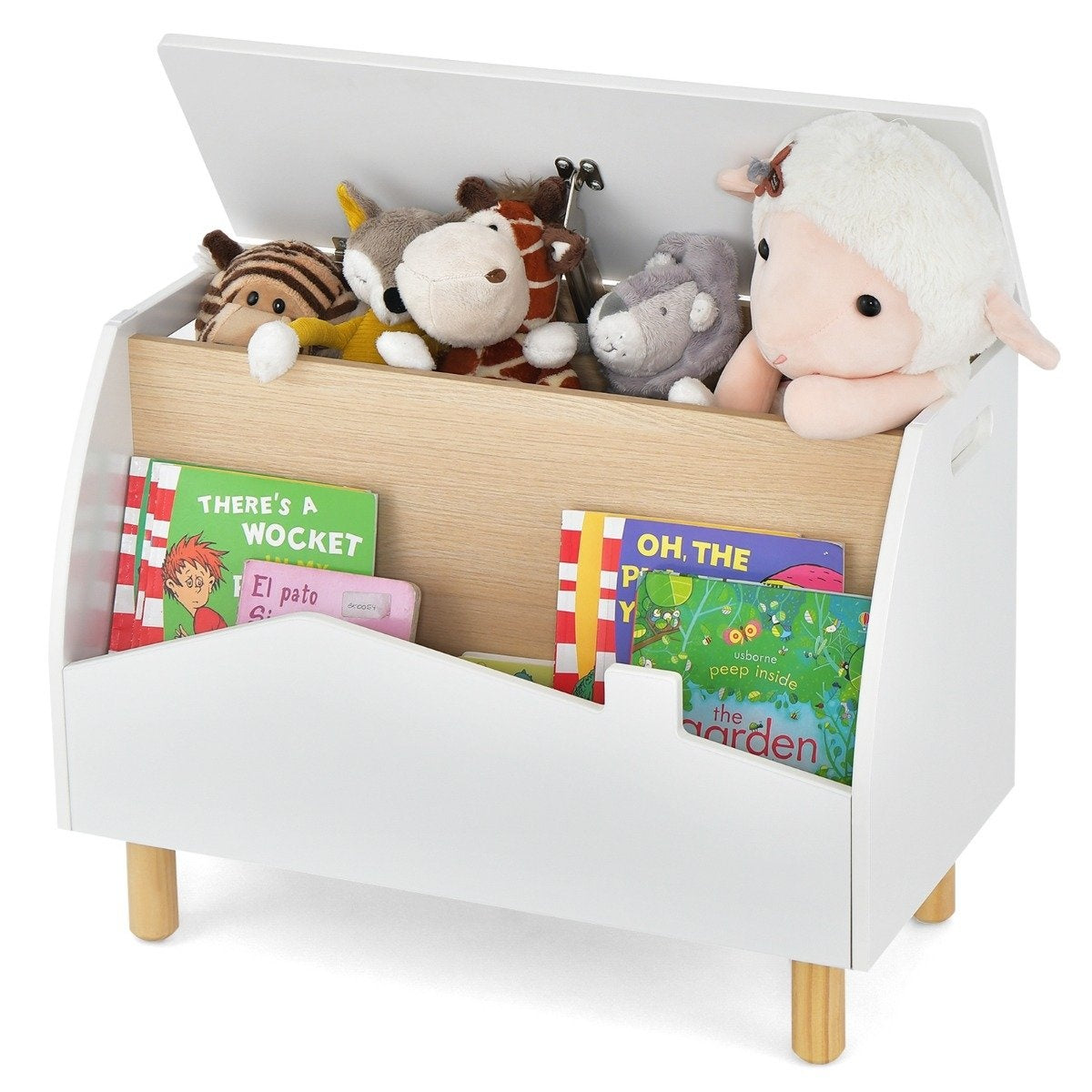 Wooden Toy Box with Shelf, Hinged Lid, 60x30x44 cm, White