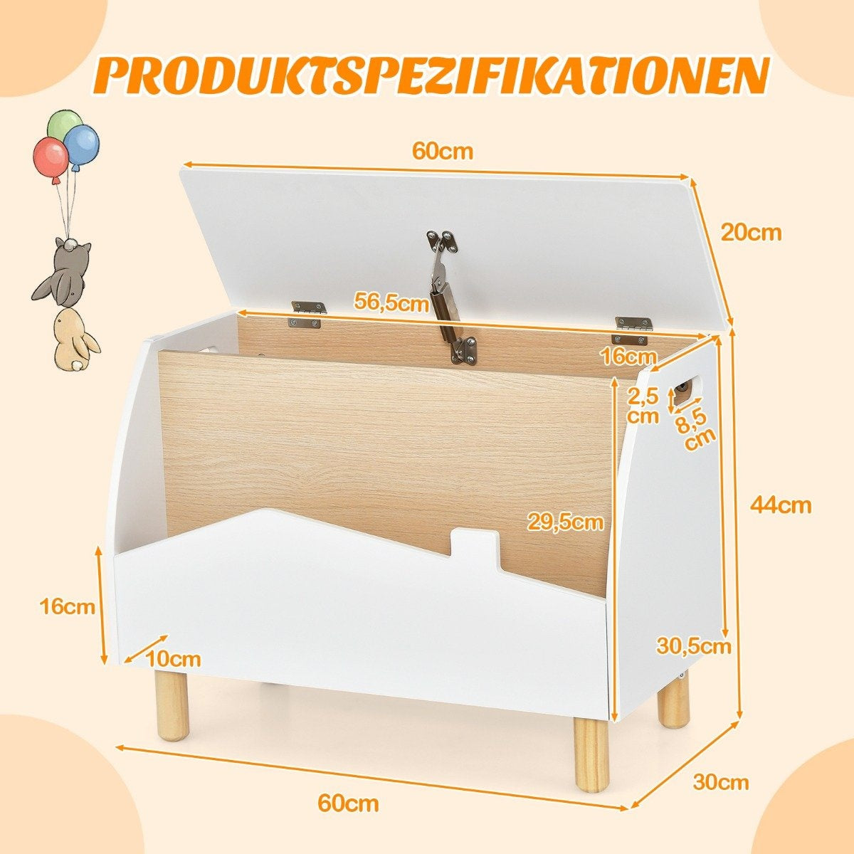 Wooden Toy Box with Shelf, Hinged Lid, 60x30x44 cm, White