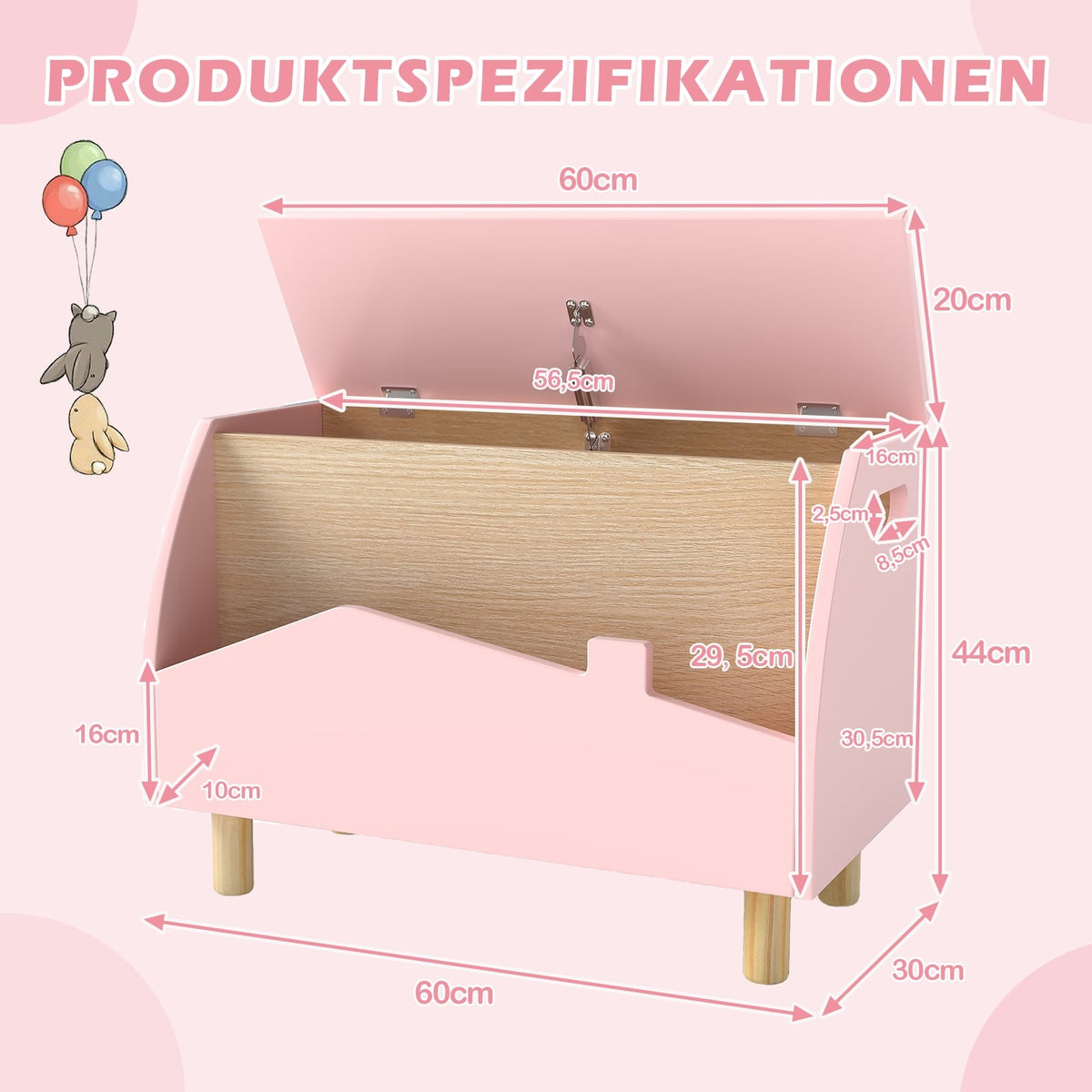 Wooden Toy Box with Shelf, Pink, 60 x 30 x 44 cm