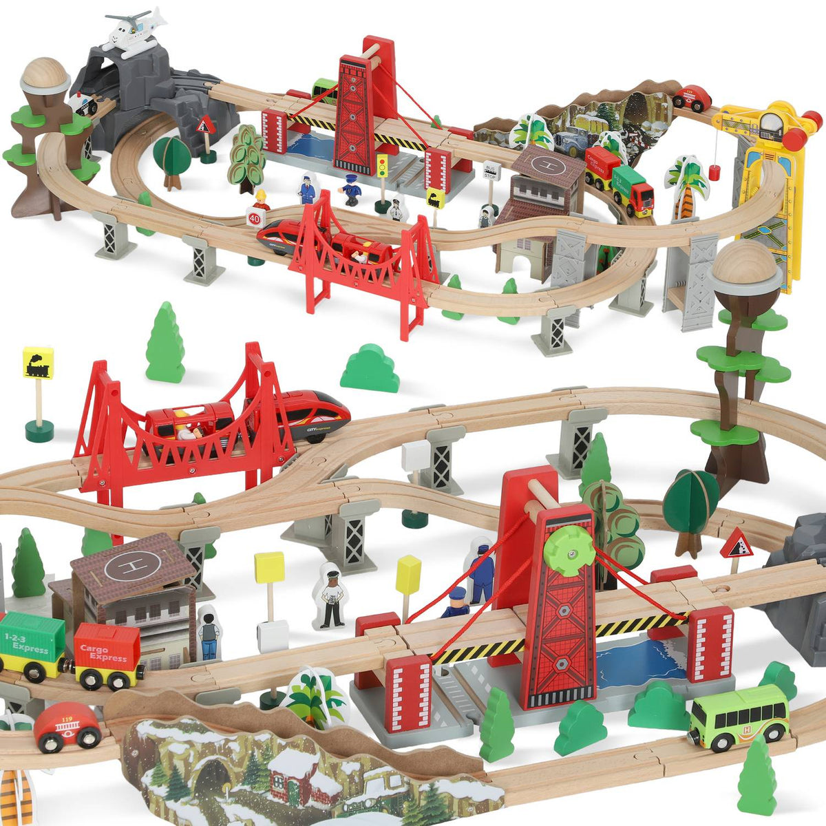 Wooden Train Set, 100 Pieces, Magnetic Crane, Beech Wood