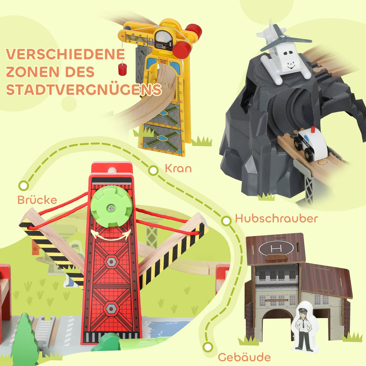 Wooden Train Set, 100 Pieces, Magnetic Crane, Beech Wood