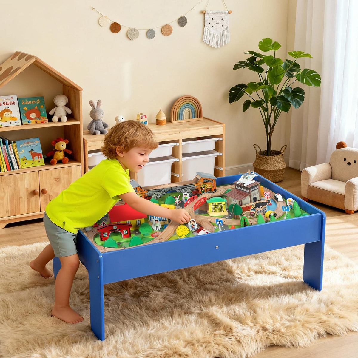 Wooden Train Set Table, 108 Pieces, Removable Top, 98x60.5x40 cm