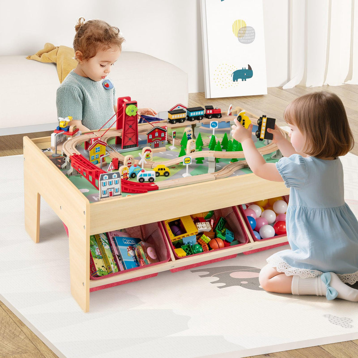 Wooden Train Table, 2 Reversible Tops, 3 Drawers, 94-Pc