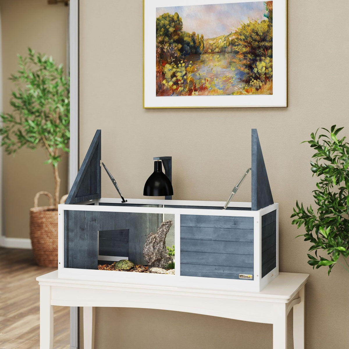Wooden Turtle House, Turtle Enclosure with Two Main Houses, Hinged Top, Light Stand, Transparent Front Panel, 120 x 50 x 40 cm, Gray
