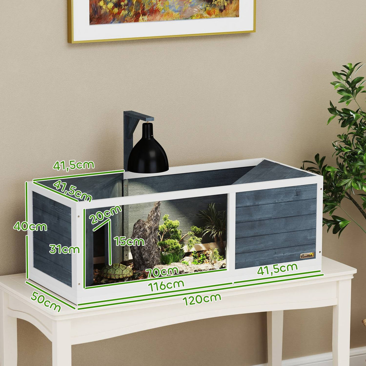 Wooden Turtle House, Turtle Enclosure with Two Main Houses, Hinged Top, Light Stand, Transparent Front Panel, 120 x 50 x 40 cm, Gray