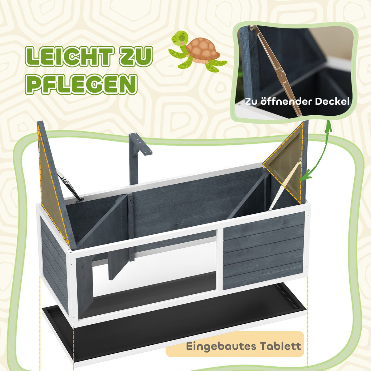 Wooden Turtle House, Turtle Enclosure with Two Main Houses, Hinged Top, Light Stand, Transparent Front Panel, 120 x 50 x 40 cm, Gray