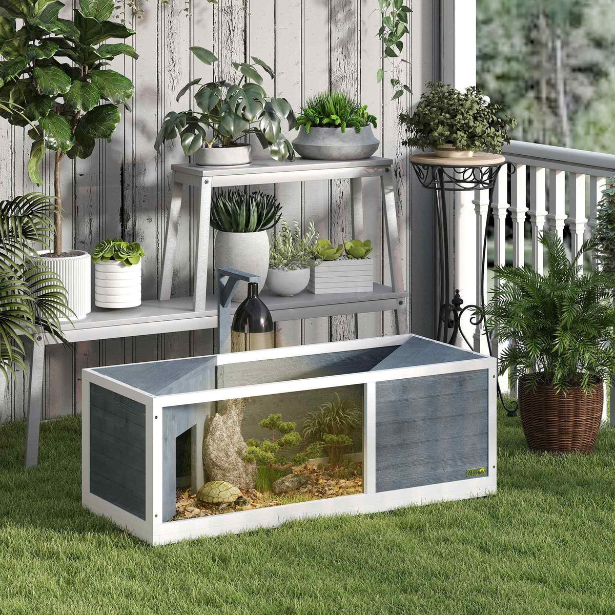 Wooden Turtle House, Turtle Enclosure with Two Main Houses, Hinged Top, Light Stand, Transparent Front Panel, 120 x 50 x 40 cm, Gray