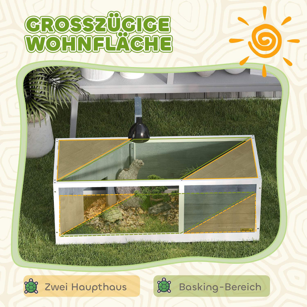 Wooden Turtle House, Turtle Enclosure with Two Main Houses, Hinged Top, Light Stand, Transparent Front Panel, 120 x 50 x 40 cm, Gray