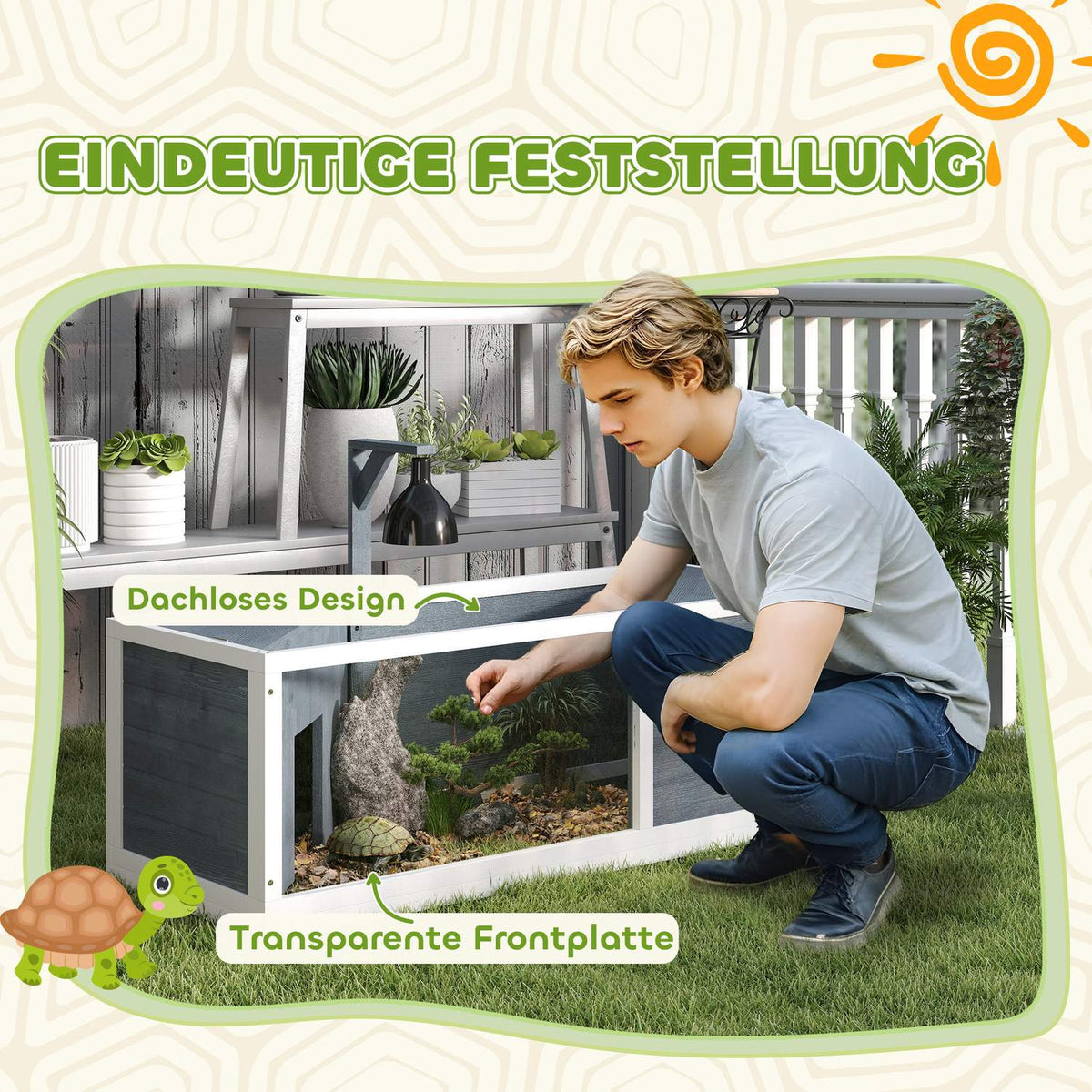 Wooden Turtle House, Turtle Enclosure with Two Main Houses, Hinged Top, Light Stand, Transparent Front Panel, 120 x 50 x 40 cm, Gray