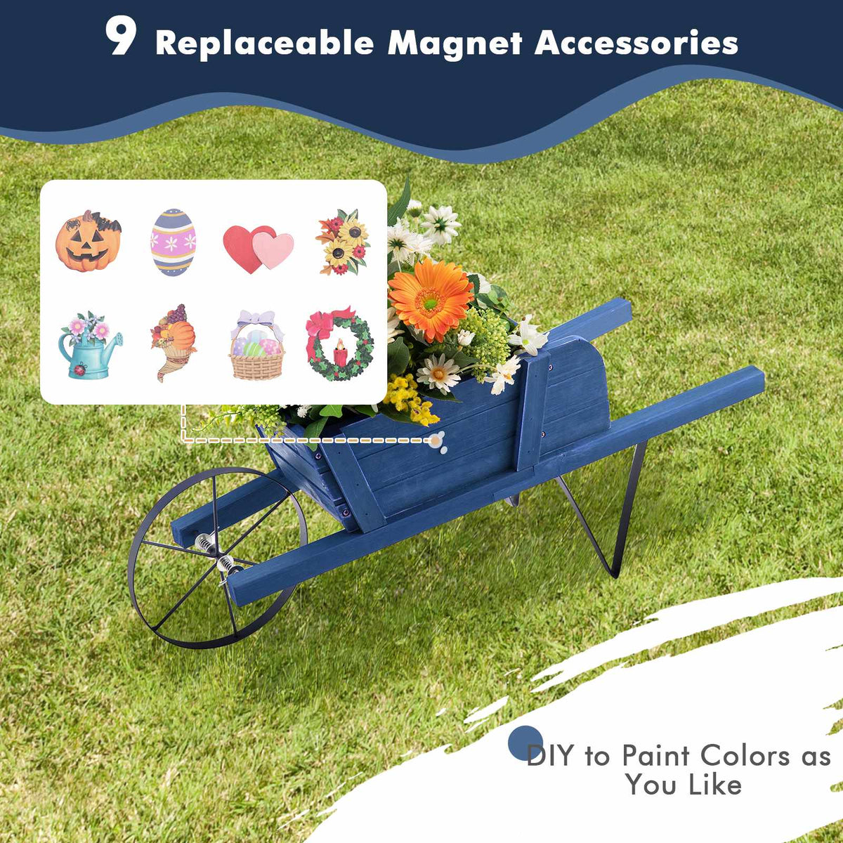 Wooden Wagon Planter, Pine Wood, 9 Magnetic Accessories