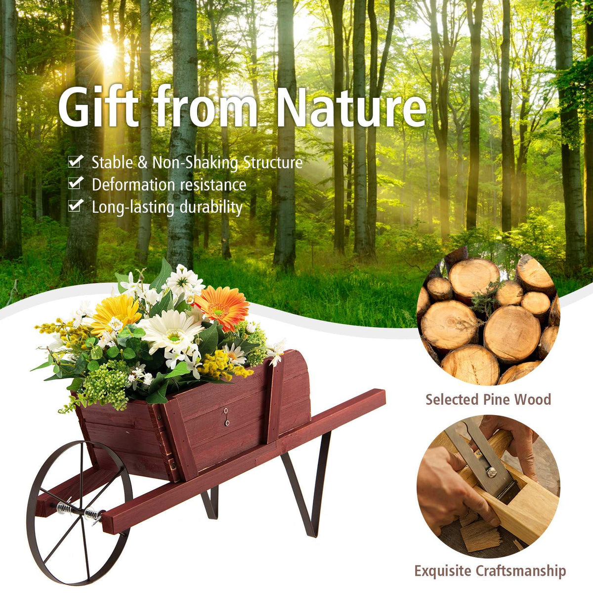 Wooden Wagon Planter, Pine Wood, 9 Magnetic Accessories