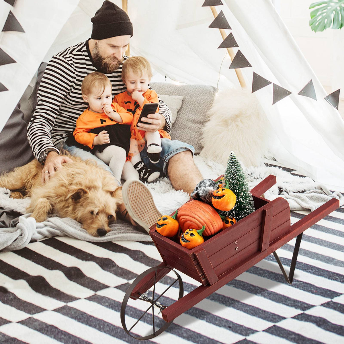 Wooden Wagon Planter, Pine Wood, 9 Magnetic Accessories