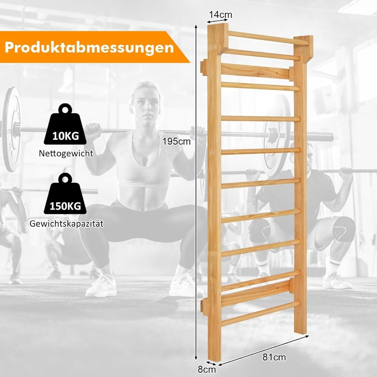 Wooden Wall Bars with Pull-Up Bar, 10 Rungs, 100kg Capacity