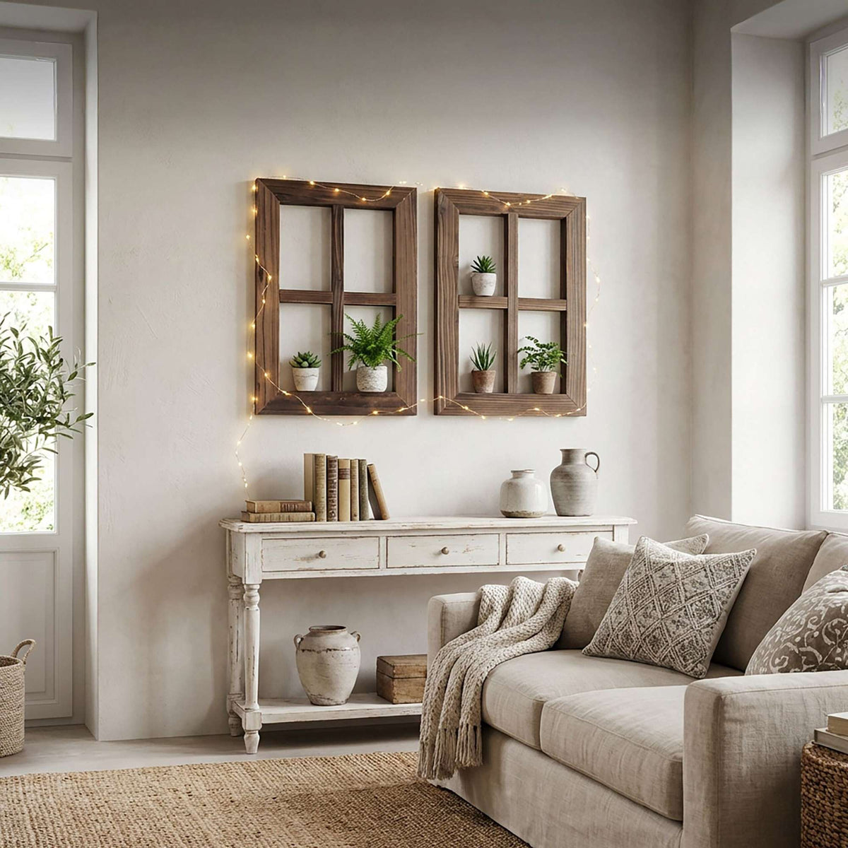 Wooden Window Decor Set, Rustic Faux Frames, 2 Pack