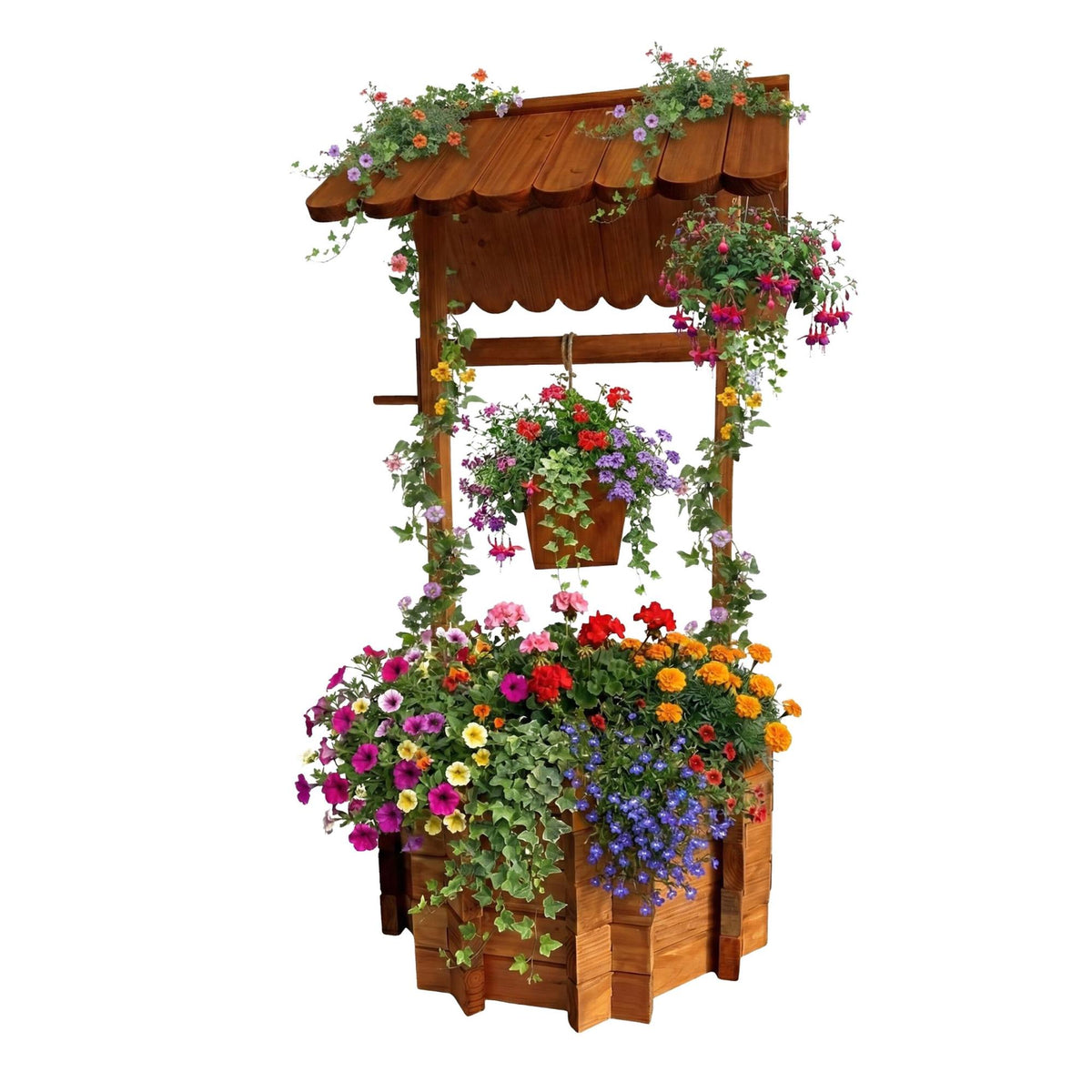 Wooden Wishing Well Planter with Crank and Bucket