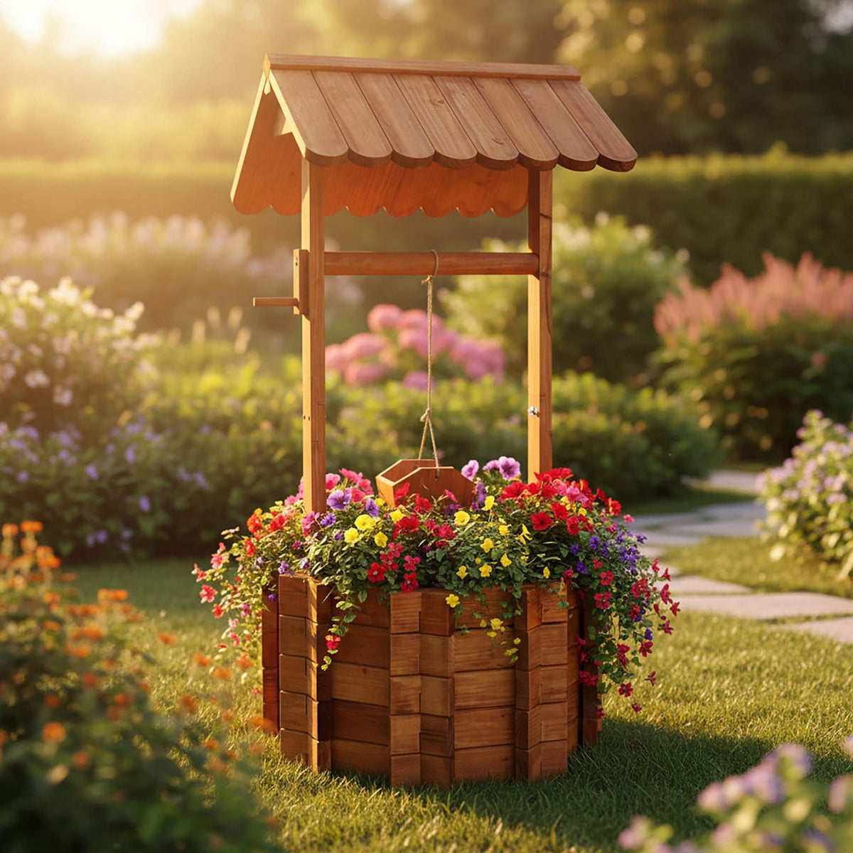 Wooden Wishing Well Planter with Crank and Bucket