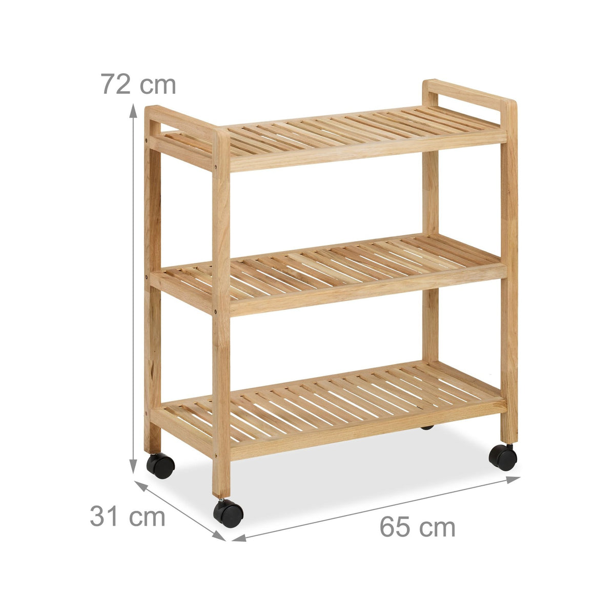 Wooden bathroom shelf with wheels