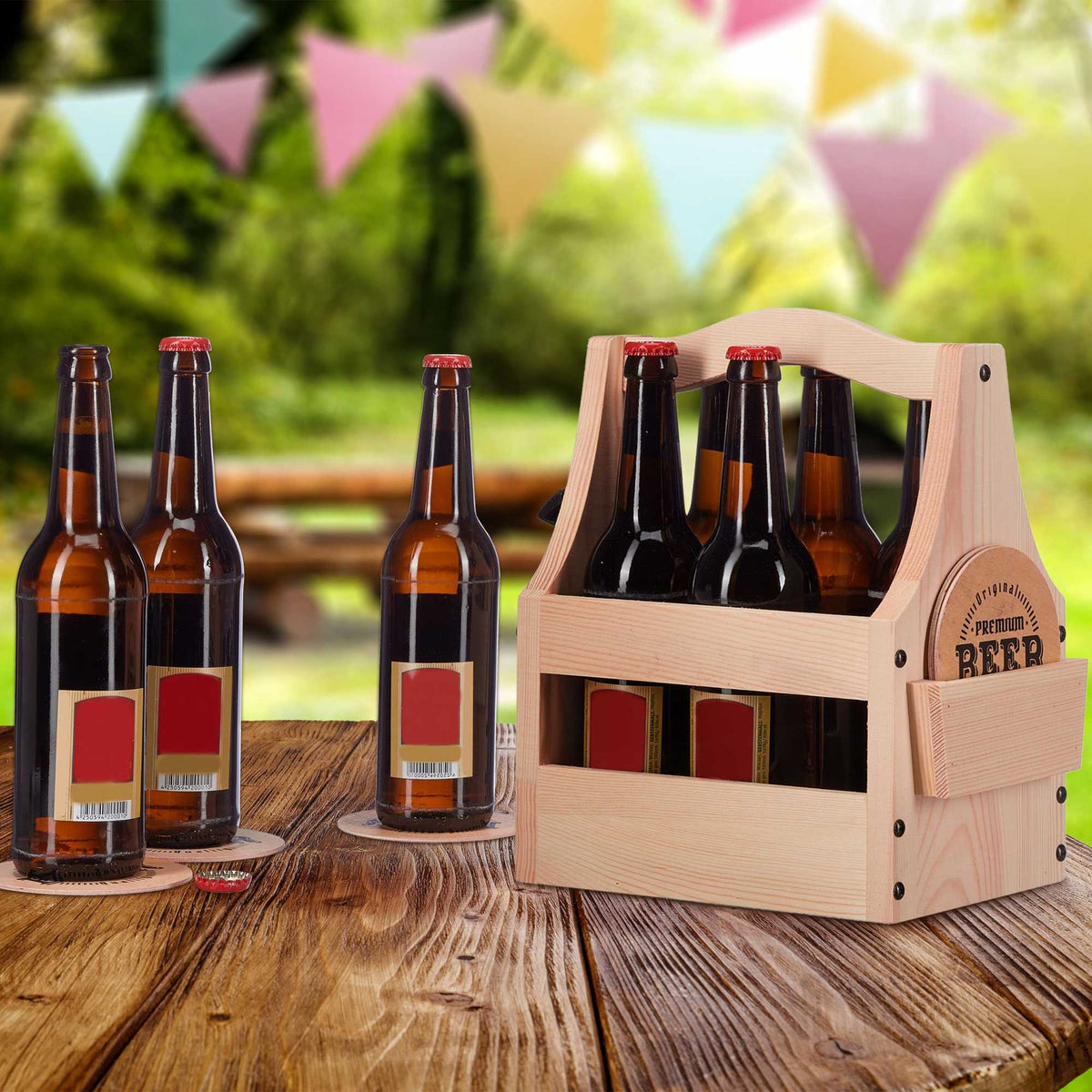 Wooden beer holder with bottle opener