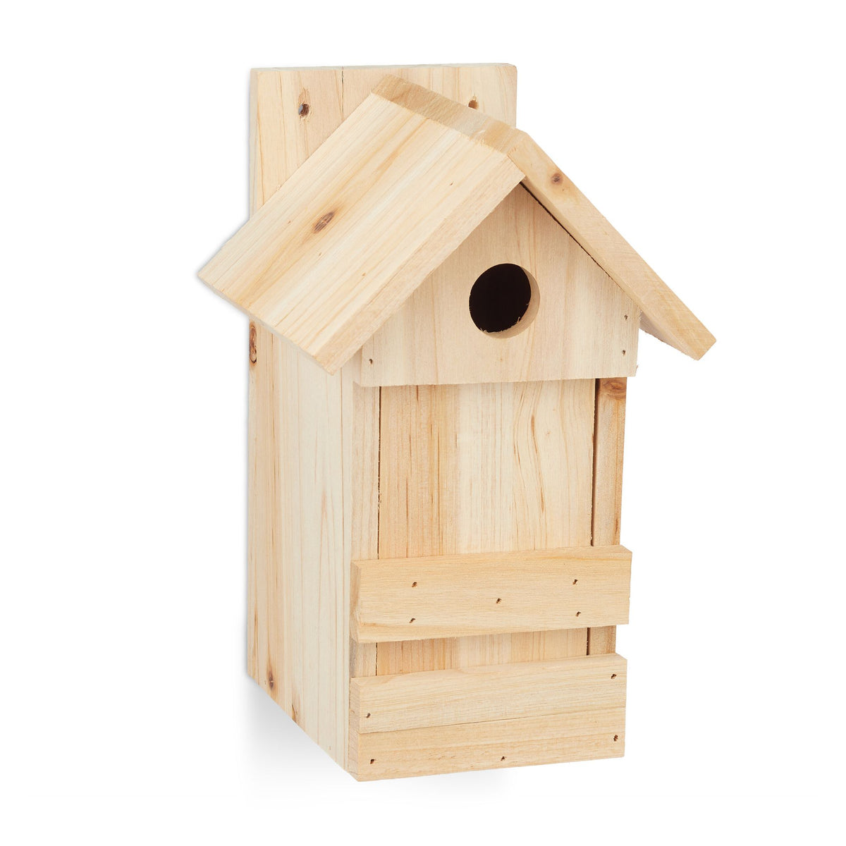 Wooden birdhouse with pointed roof