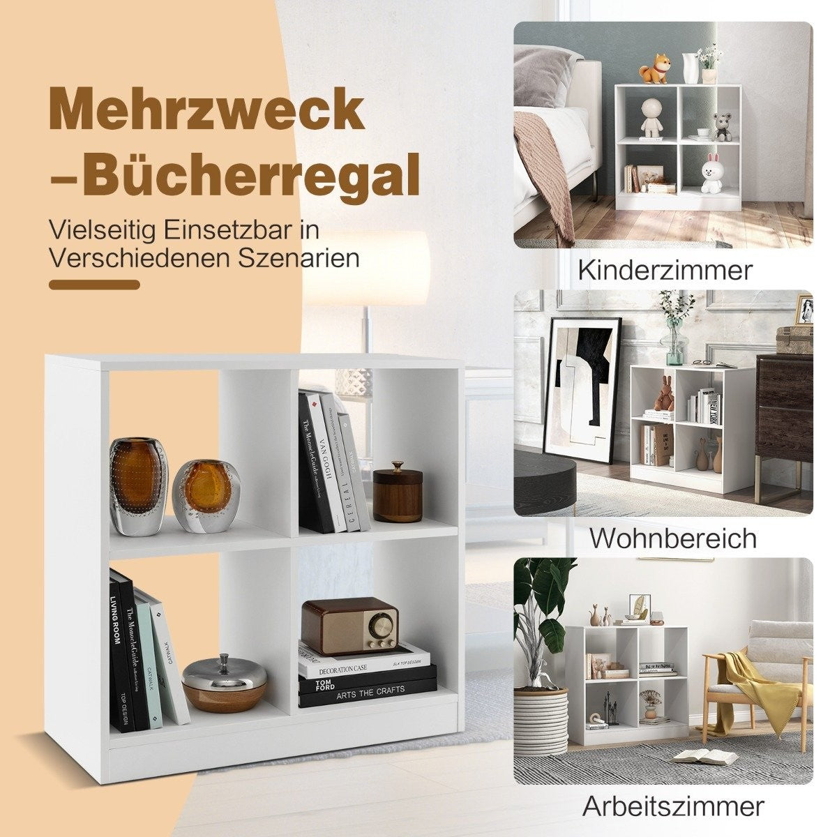 Wooden bookcase with 4 compartments cube shelf & tilt protection 73 x 33 x 73 cm white