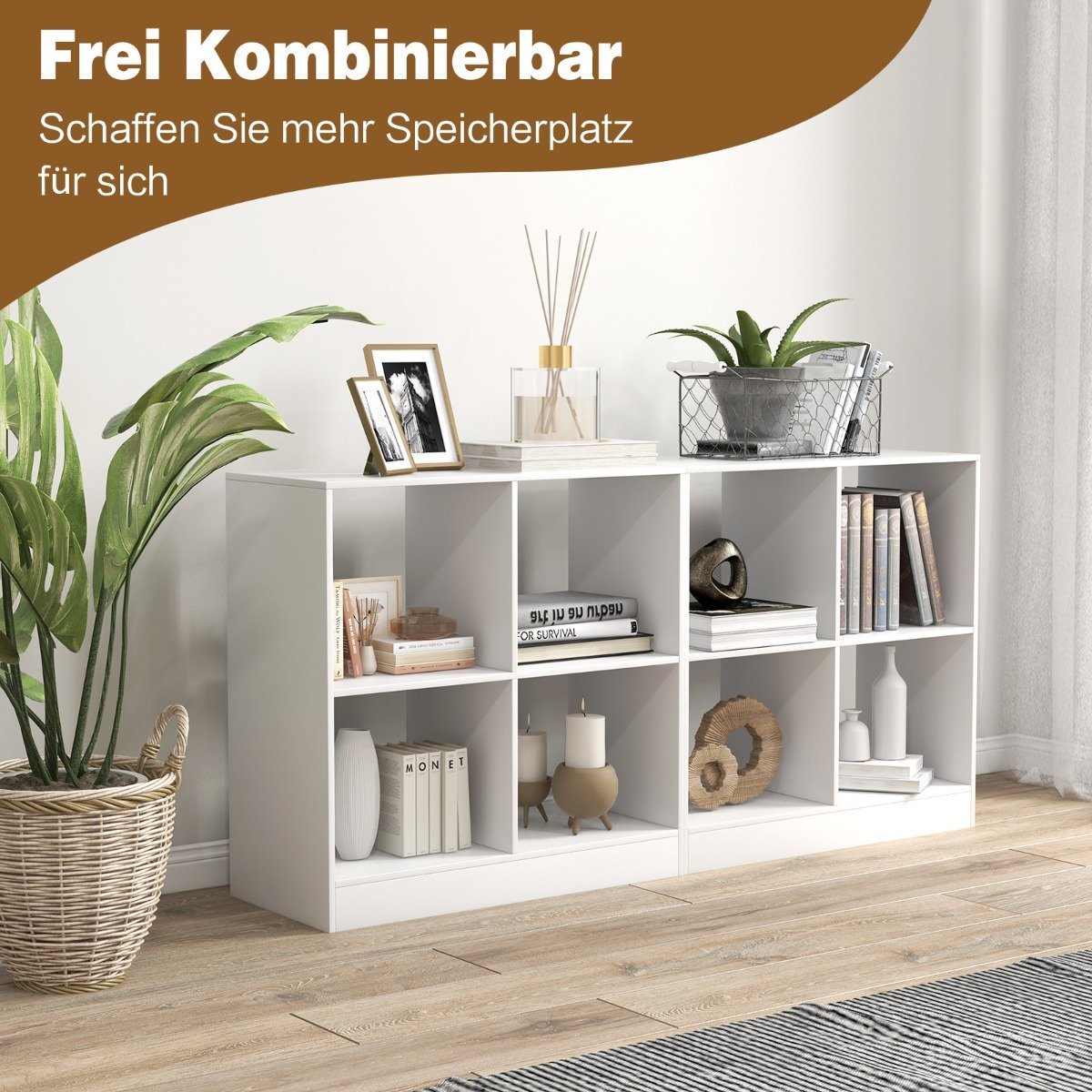Wooden bookcase with 4 compartments cube shelf & tilt protection 73 x 33 x 73 cm white