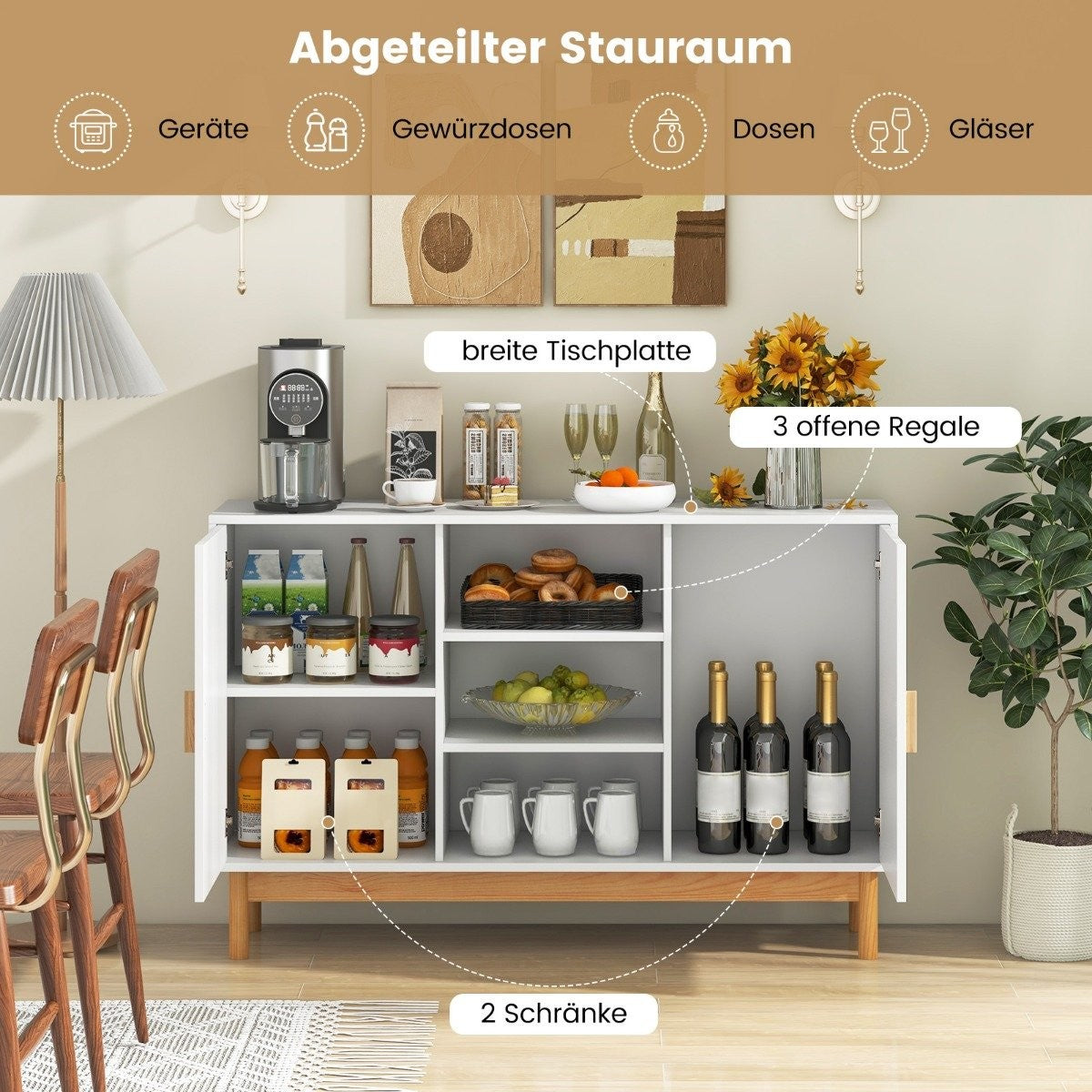 Wooden buffet cabinet kitchen cabinet with 2 bamboo doors & 3 open shelves 120 x 35 x 78 cm natural + white