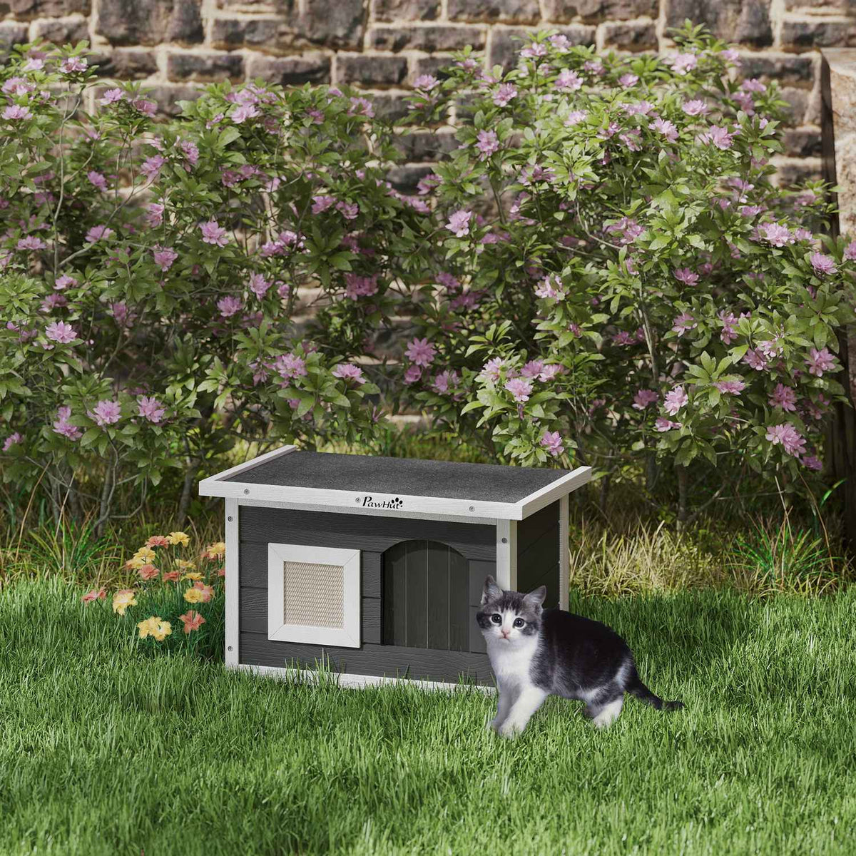Wooden cat house, cat cave with scratching mat, door flap, weatherproof cat house with folding roof, removable floor, for indoor, outdoor, 61 x 45 x 36.5 cm, gray