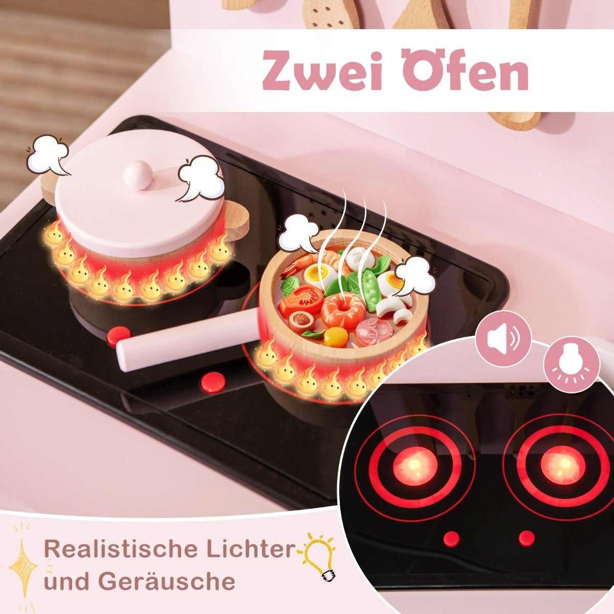 Wooden children's kitchen with 10 accessories play kitchen with light & sound toy kitchen pink