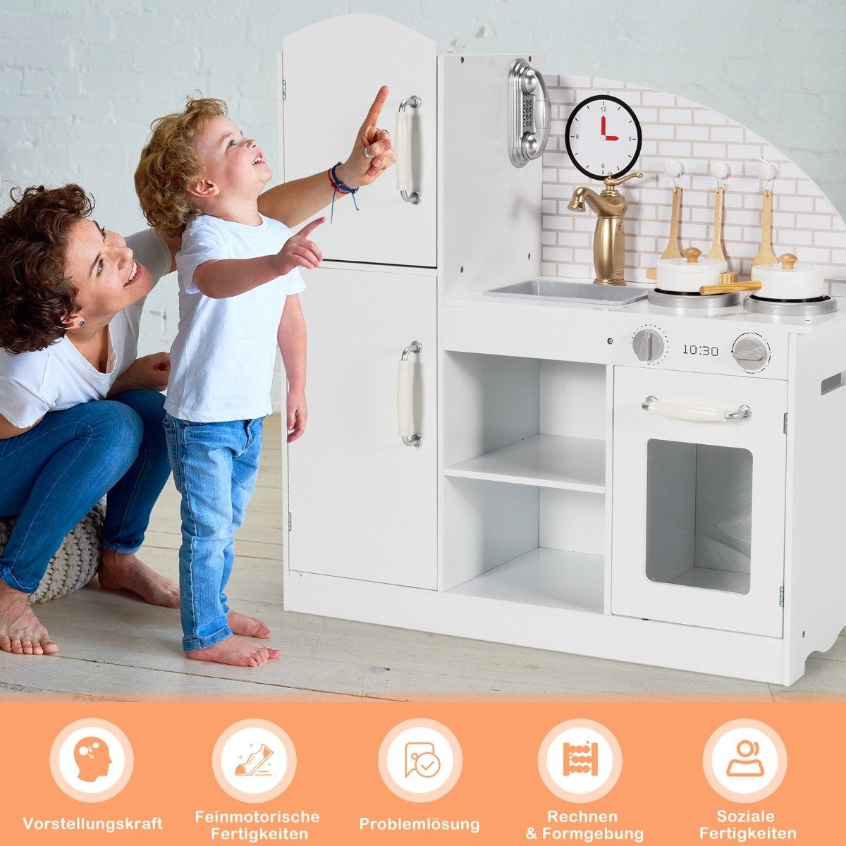 Wooden children's kitchen with utensils & tap & sink, telephone & cupboards 78 x 29 x 83 cm white