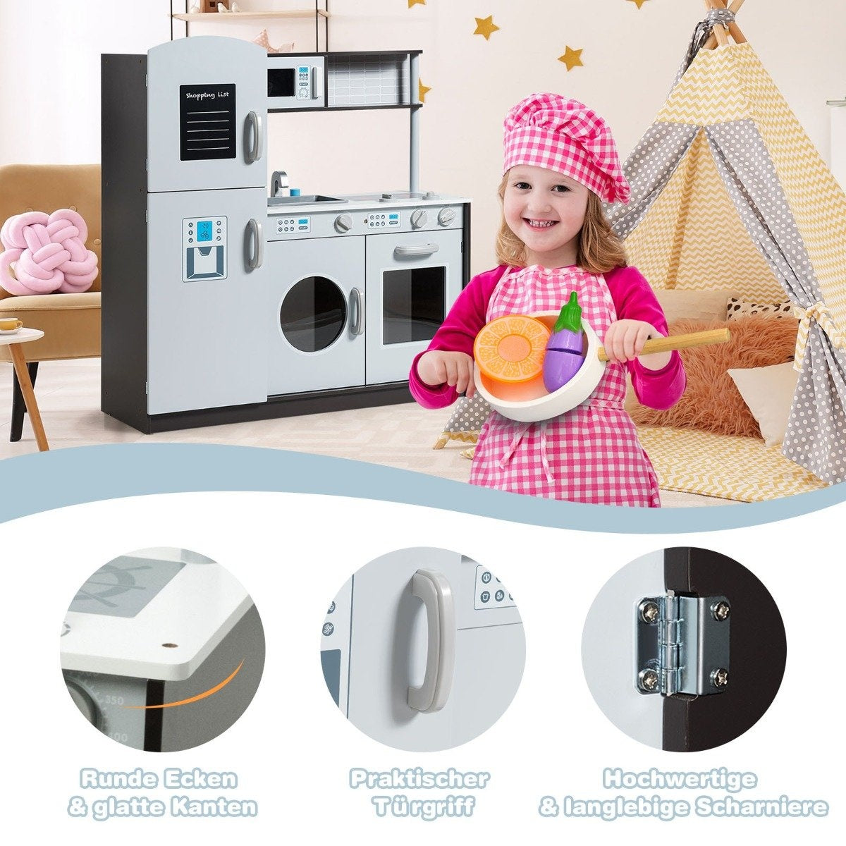 Wooden children's play kitchen with sink and tap & stove with clicking sounds