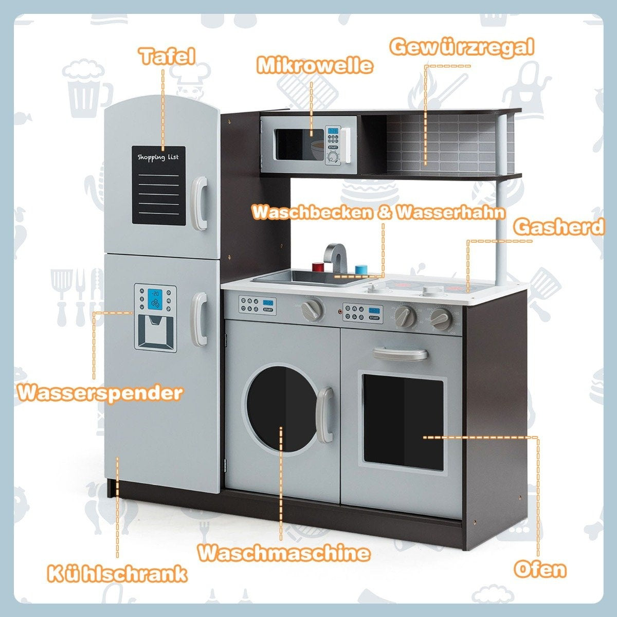 Wooden children's play kitchen with sink and tap & stove with clicking sounds