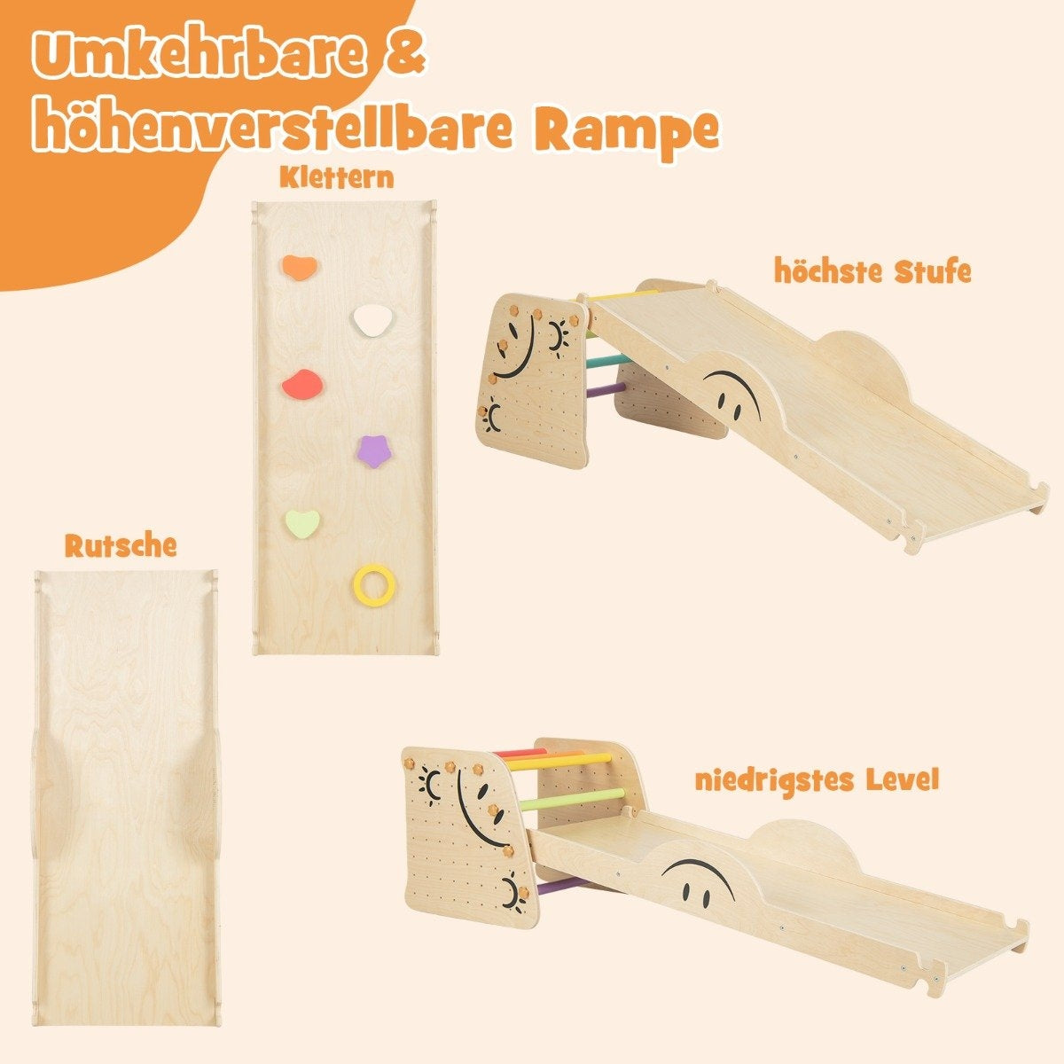 Wooden climber set with reversible ramp & seesaw & climbing ladder & smiley face patterns climbing toy