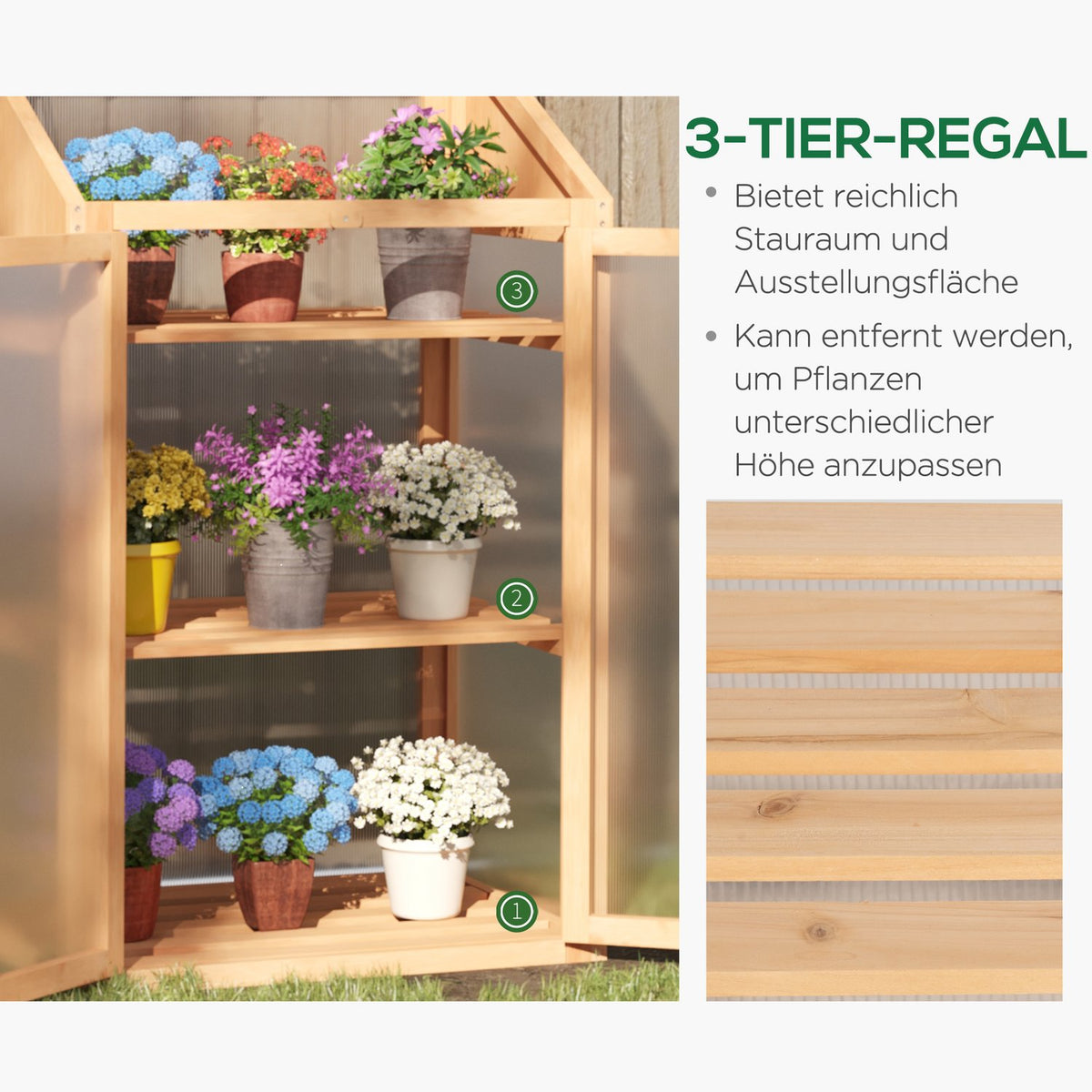 Wooden cold frame, mini greenhouse 70 x 50 x 120 cm, greenhouse with cover, window, double door, translucent cold frame box with 3 shelves, winter-proof raised bed for garden, balcony, brown