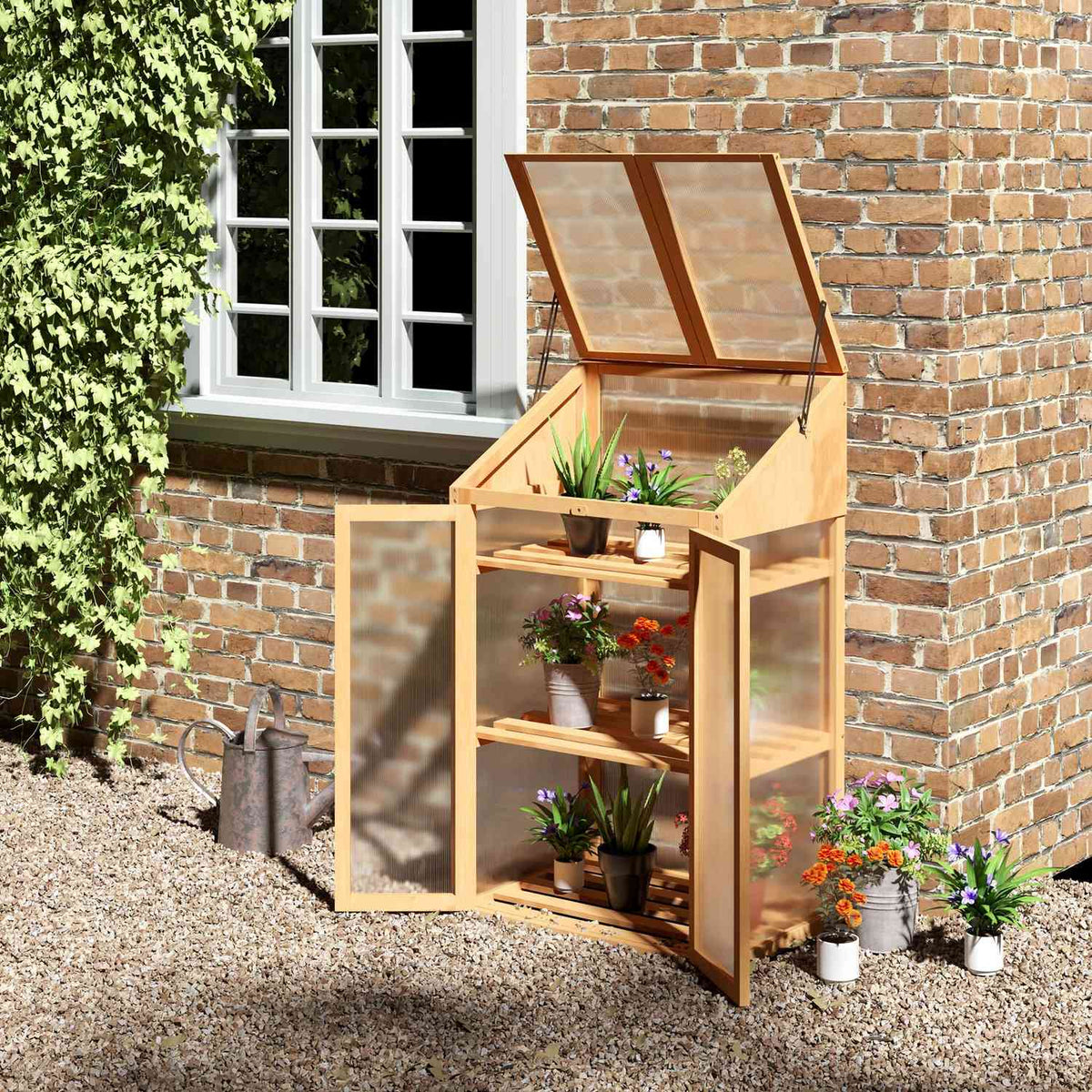 Wooden cold frame, mini greenhouse 70 x 50 x 120 cm, greenhouse with cover, window, double door, translucent cold frame box with 3 shelves, winter-proof raised bed for garden, balcony, brown
