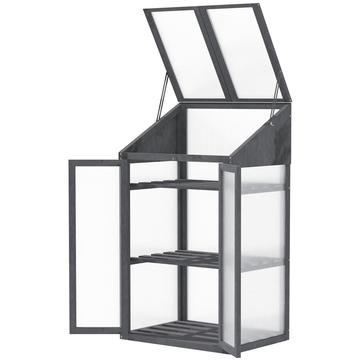 Wooden cold frame, mini greenhouse 70 x 50 x 120 cm, greenhouse with cover, window, double door, translucent cold frame box with 3 shelves, winter-proof raised bed for garden, balcony, gray