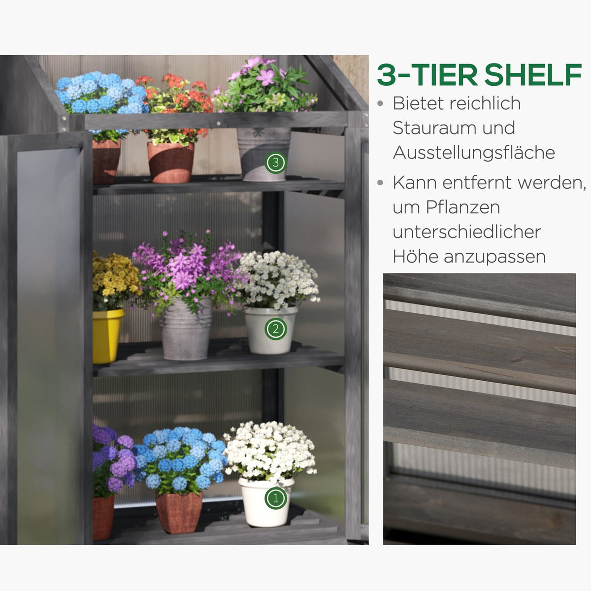 Wooden cold frame, mini greenhouse 70 x 50 x 120 cm, greenhouse with cover, window, double door, translucent cold frame box with 3 shelves, winter-proof raised bed for garden, balcony, gray