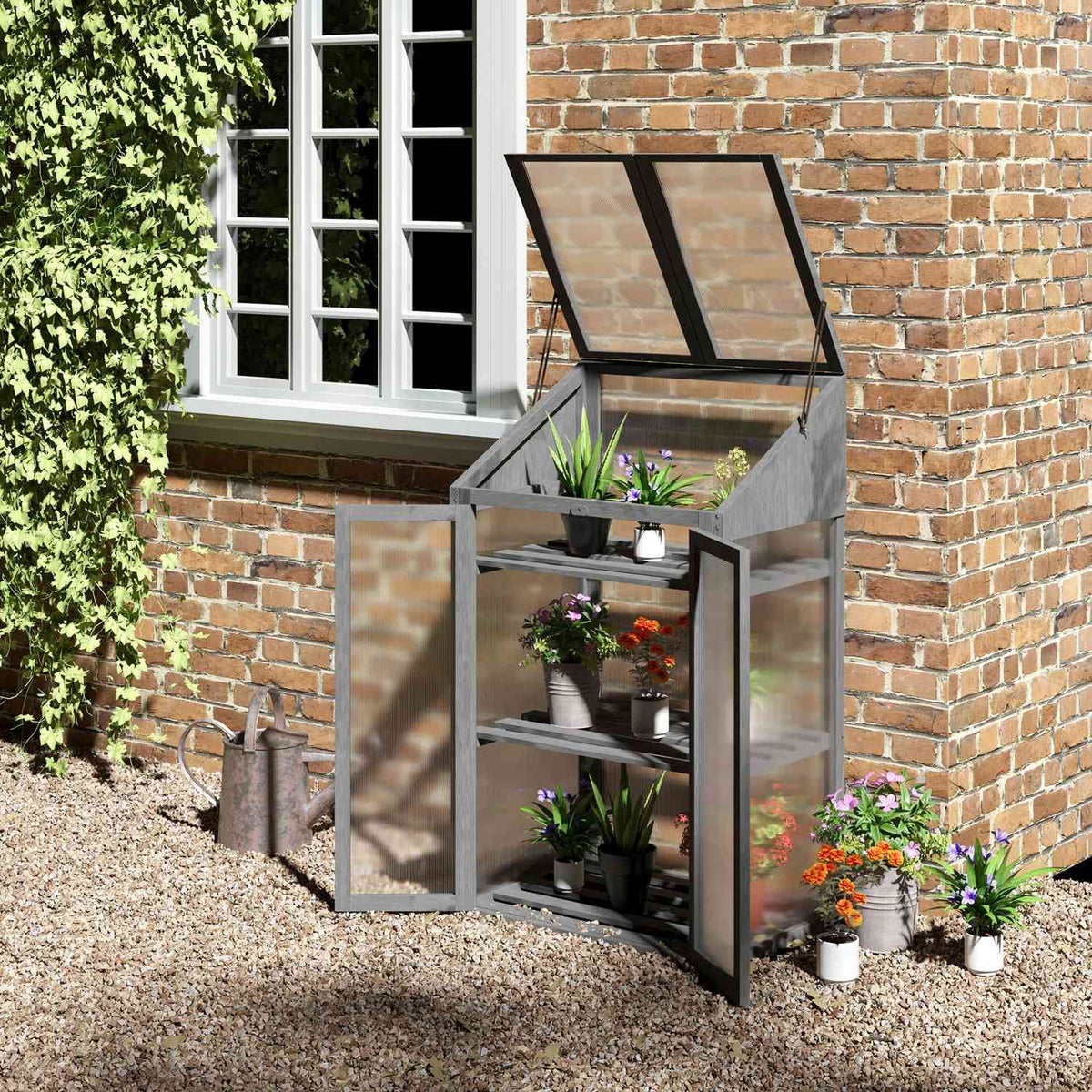 Wooden cold frame, mini greenhouse 70 x 50 x 120 cm, greenhouse with cover, window, double door, translucent cold frame box with 3 shelves, winter-proof raised bed for garden, balcony, gray