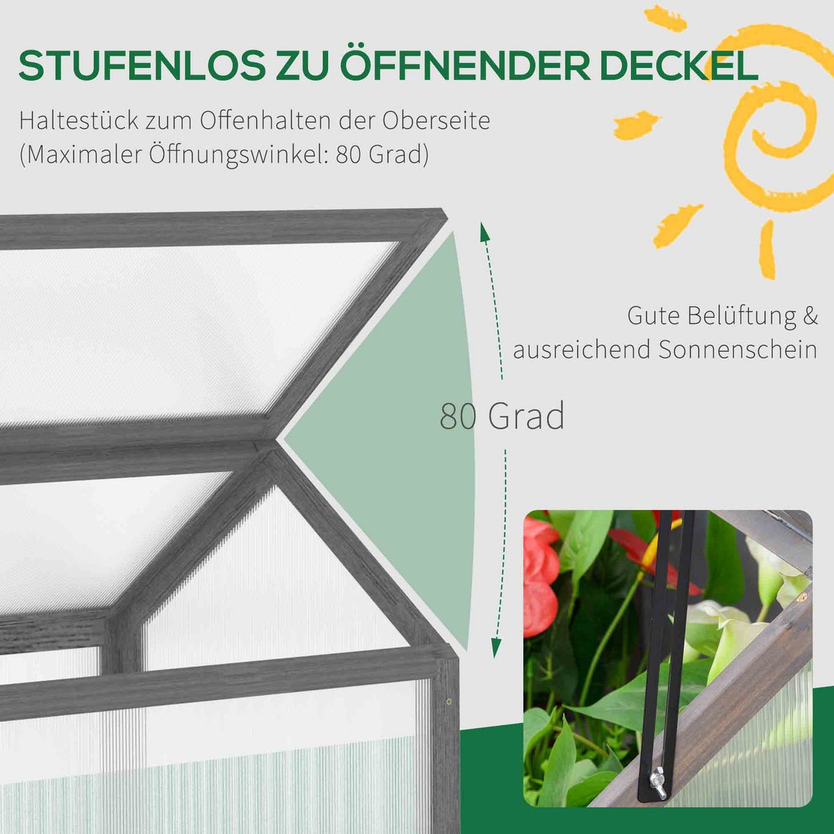 Wooden cold frame, mini greenhouse 90 x 52 x 49.5 cm, greenhouse with cover, translucent cold frame box, winter-proof raised bed for garden, balcony, gray