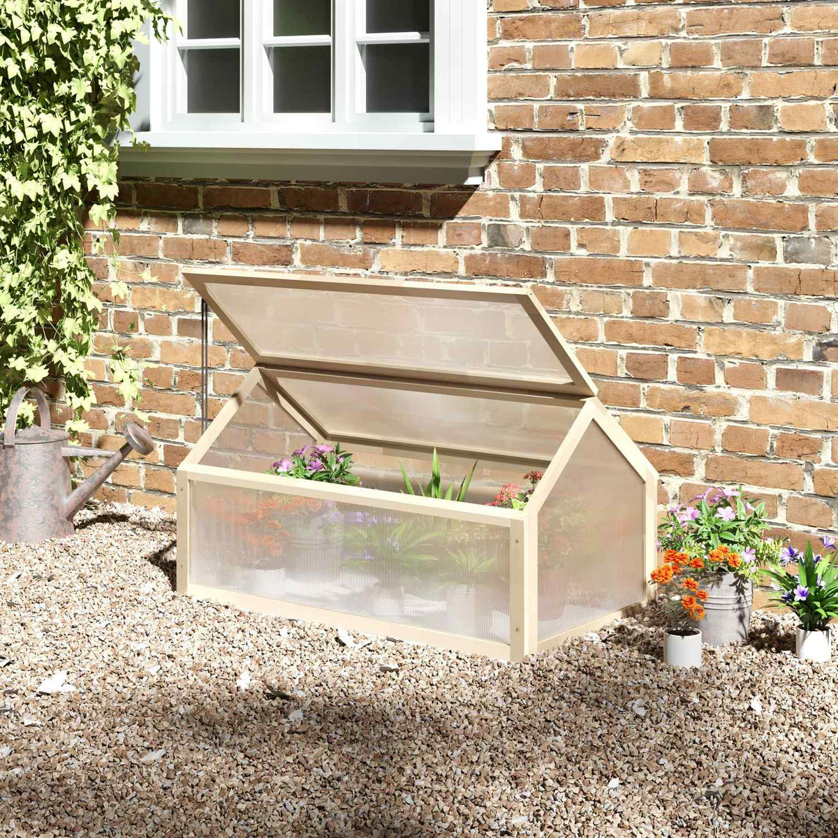 Wooden cold frame, mini greenhouse 90 x 52 x 49.5 cm, greenhouse with cover, translucent cold frame box, winterproof raised bed for garden, balcony, natural wood